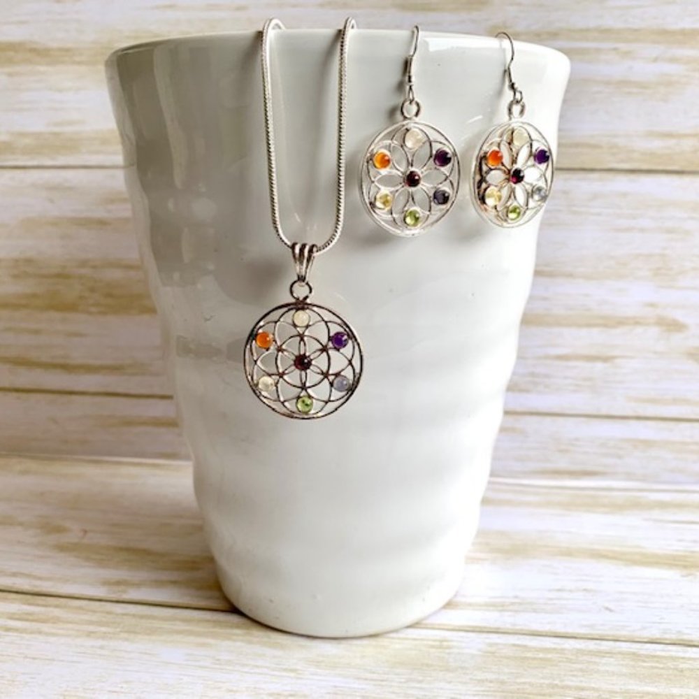 Mandala Chakra Stones Necklace and Earring Set